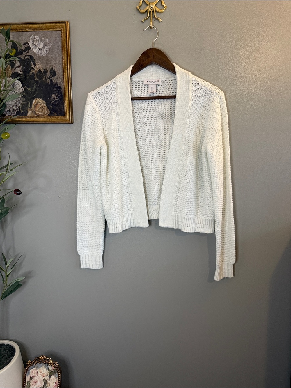 Laura Ashley White Cropped Open Front Knit Cardigan Sweater Women’s US 8 - Picture 3 of 7